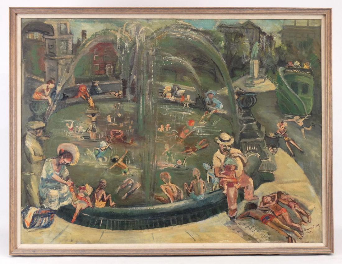 Dorothy Eisner (N.Y. 1906-1984): Dorothy Eisner (N.Y. 1906-1984), Washington Square Park Scene, oil on canvas, signed LRC "Dorothy Eisner 1938". 30 1/2" x 40".