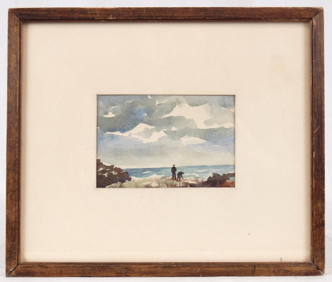John Cetcuti (Mass. 1900-1976): John Cetcuti (Mass. 1900-1976), seascape with figures, watercolor. Info verso including Estelle Newman Gallery N.Y.C. label. Sight 3 1/2" x 5".
