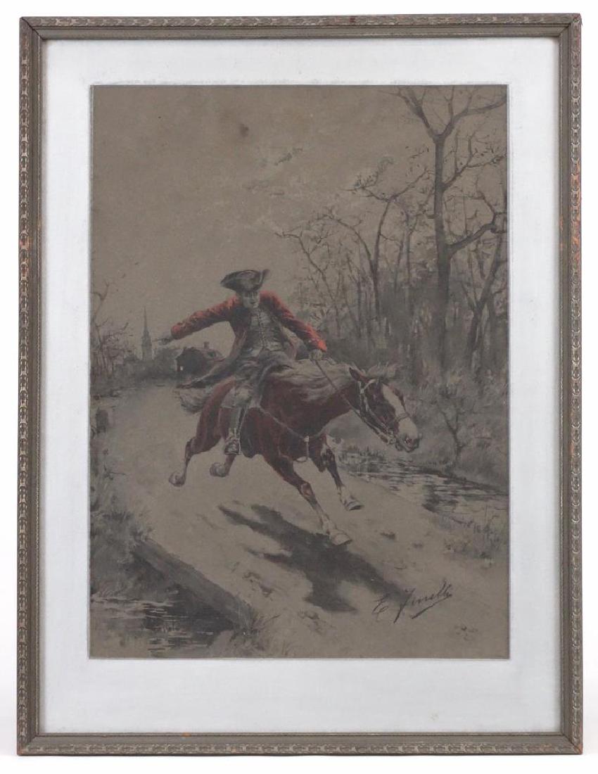 E. Finelli, Soldier On Horseback: Continental School, soldier on horseback, gouache or watercolor. Signed LRC "E. Finelli". Sight 13" x 9 1/2".