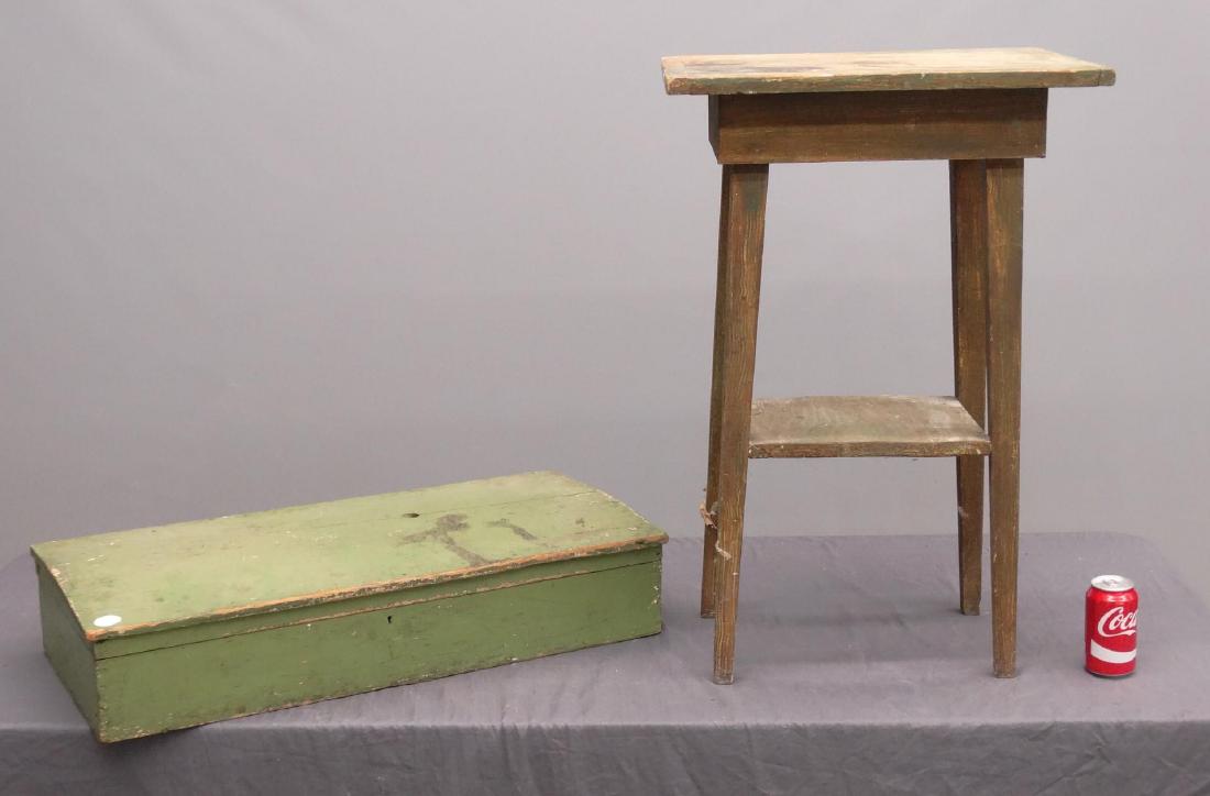 Primitive Lot: Lot including 19th c. side table (20" x 17" x 31 1/2"), and 19th c. box in old green paint.