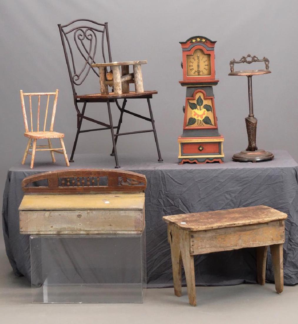 Misc. Lot: Misc. lot including decorative metal chair, (2) benches, clock, seeder, cowboy boot ashtray, child's chair and shelf.