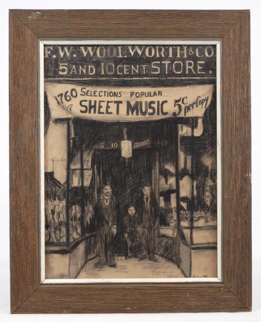 American School, Charcoal: American School, "F. W. WOOLWORTH & CO./5 AND 10 CENT STORE./1760...". Signed LRC "Eileen 79". Sight 15 1/2" x 11 1/4".