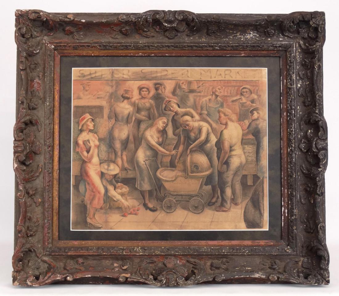 Style Of Reginald Marsh, "SUPER SUPER MARKET": American School. style of Reginald Marsh (N.Y./Vt. 1898-1954), "SUPER SUPER MARKET". Watercolor on artist board/panel. Imperfections. 20" x 24".