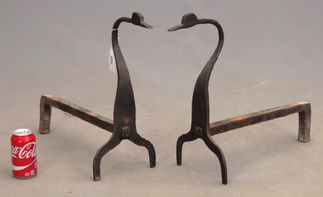 Pair Goosehead Andirons: Pair of cast iron goosehead andirons. 17 1/2" Ht., 18 1/2" D..