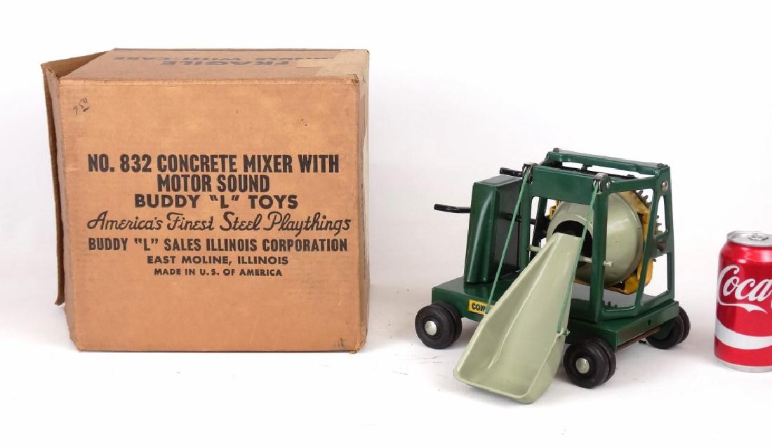 Buddy "L" Toy Truck In Original Box: Vintage Buddy "L" toy truck in original box. No. 832 Concrete Mixer With Motor Sound.