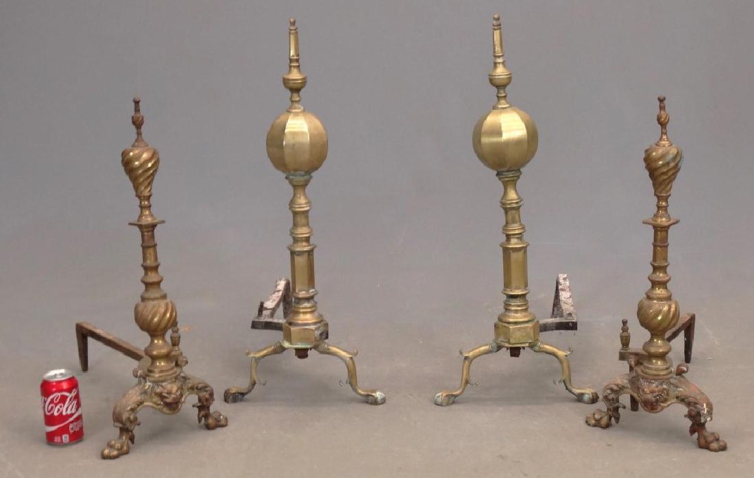 Andiron Lot: Lot (2) pair of brass andirons. 24" and 29" Ht..