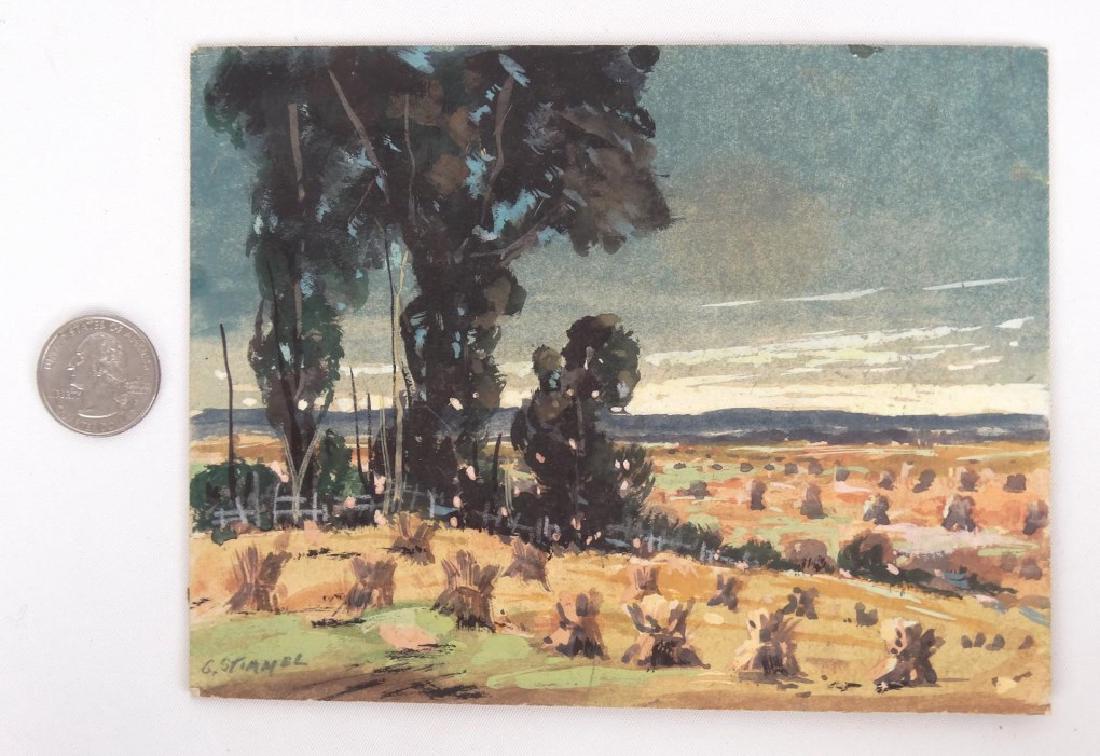 George Stimmel (1880-1964): George Stimmel (New Jersey 1880-1964), hay stacks, watercolor/gouache on cardboard. Unframed 5" x 6 1/2".