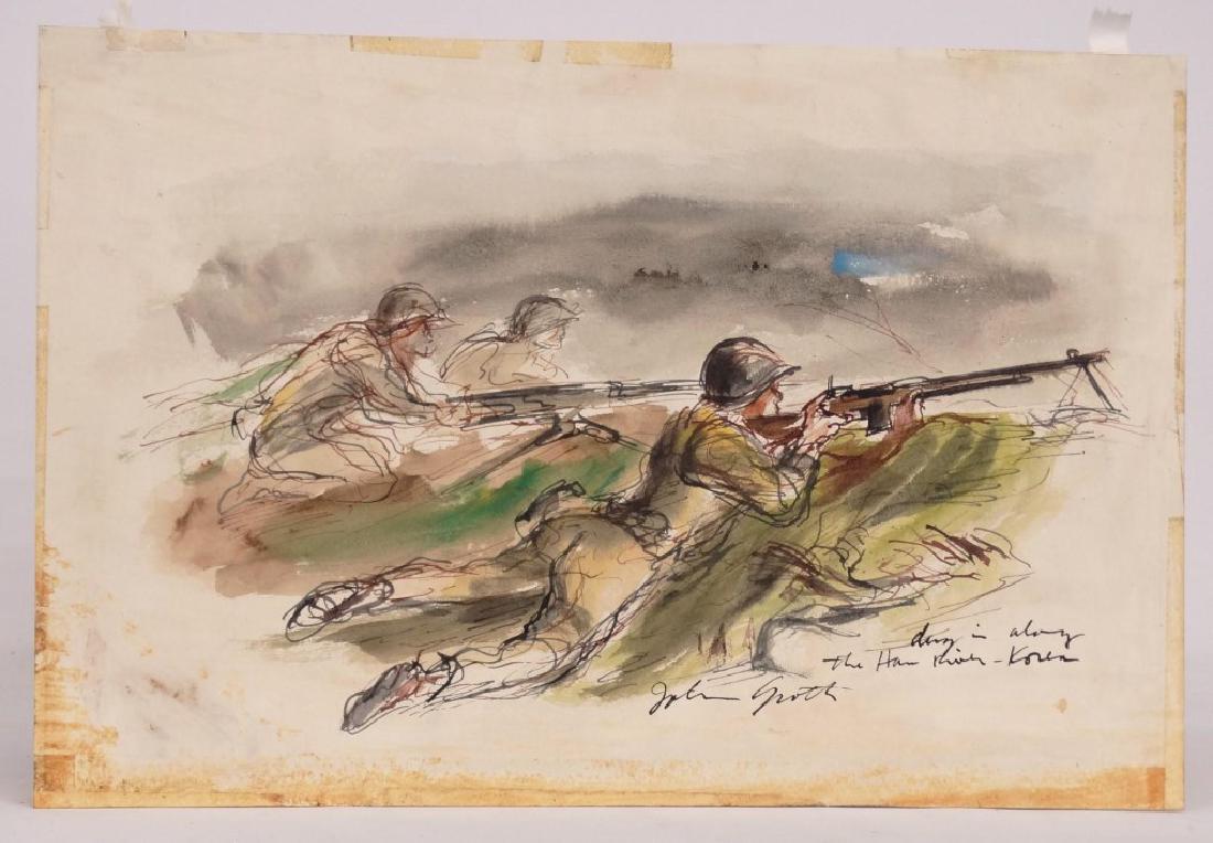 John Groth (1908-1988): John Groth (New York/Illinois 1908-1988), "Dug in Along the Han River, Korea". Illustration. Christies provenance. 11 1/4" x 16 1/4".