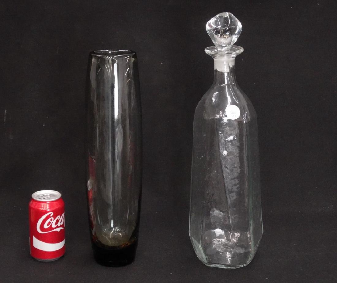 Mid Century Glassware: Lot (2) pieces Mid Century glassware. Includes Holmegaard vase (15 1/2" Ht., signed), Scandinavian decanter with stopper (17 1/2' Ht.).