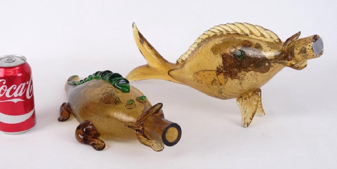 Mid Century Italian Bottles: Lot (2) Mid Century Italian bottles. Blown crackle win bottles. Includes gator (16" L.), and fish (17" L.).