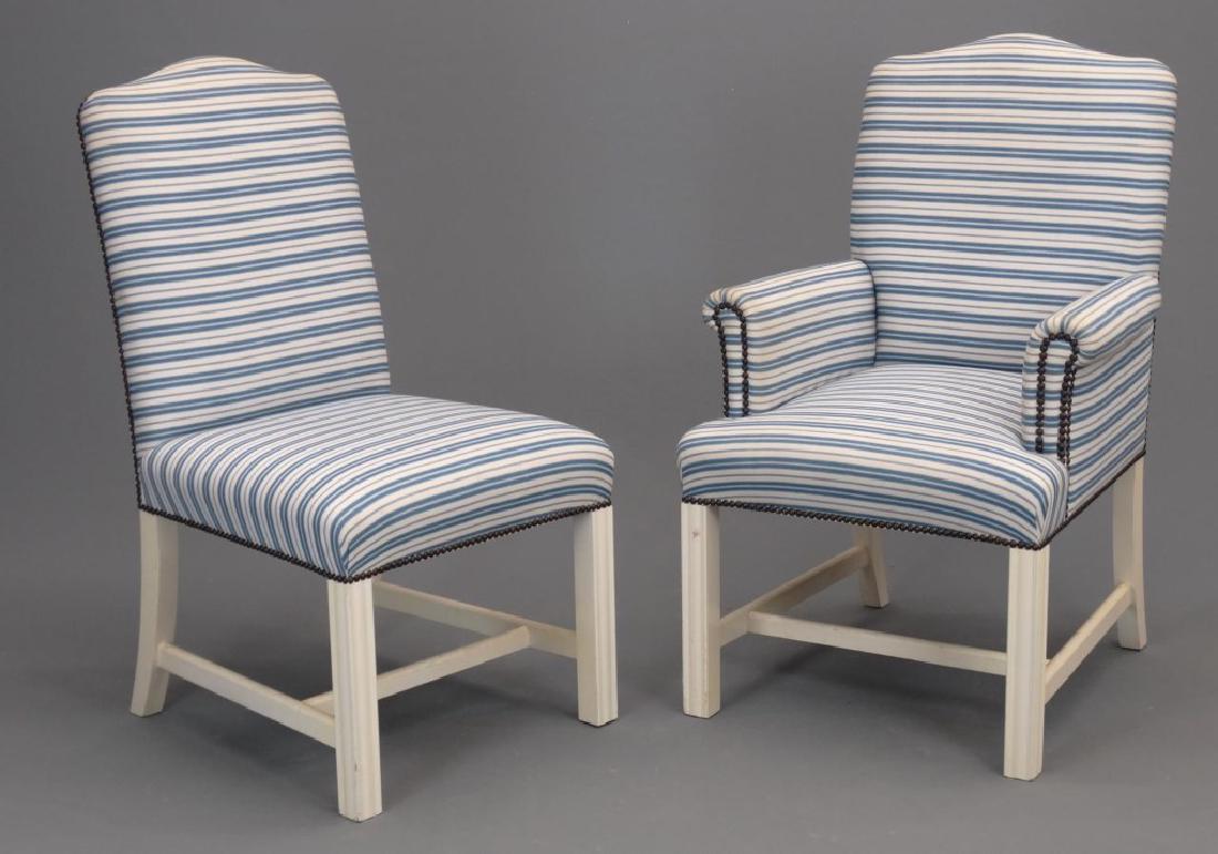 Upholstered Chairs: Pair of shabby chic style upholstered chairs. 19" seat Ht., 41" overall Ht..