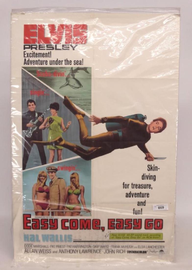 Elvis Presley Movie Poster: Vintage Elvis Presley movie poster "Easy Come, Easy Go". Dated 1968. 41" x 27".