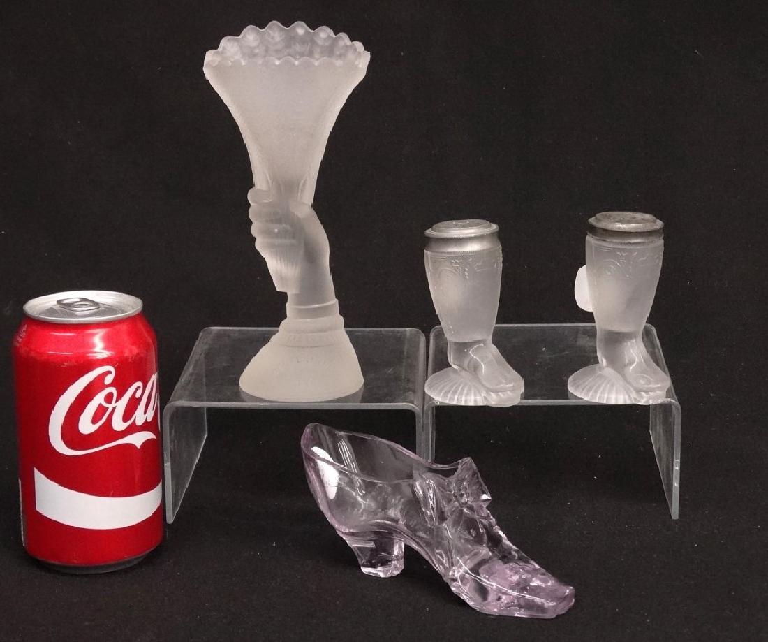 Glassware Lot: Lot (4) pieces of glassware including glass shoe (signed inside, 5" L.), Centennial hand vase (7" Ht., base chipped), boot with shield form salt and pepper shakers (3 1/4" Ht.).