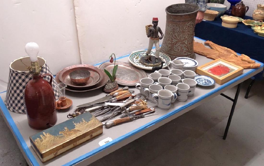 Misc. Lot: Misc. table lot including copper, Wellesley plates, framed artwork, bone handled serving pieces etc..