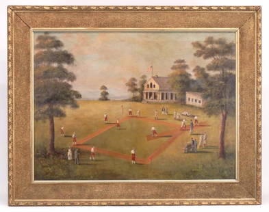 American School, Baseball Game: American School, baseball game, large impressive oil on canvas. 35" x 47".