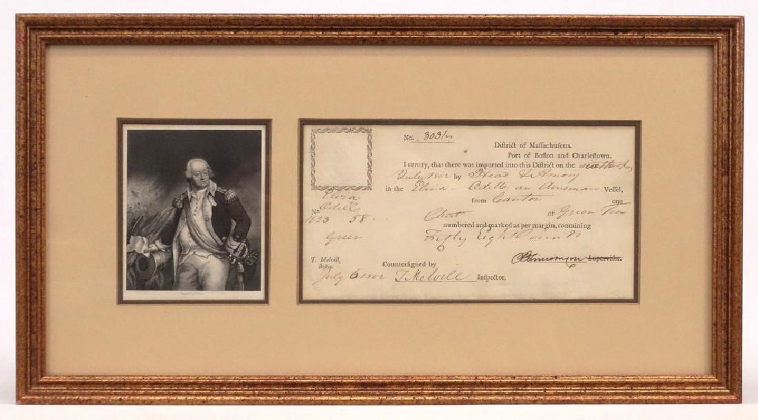 Benjamin Lincoln Signed Certificate: Benjamin Lincoln (1773-1810), July 6, 1803, signed certificate as collector of custom for the Port of Boston for fifty-eight pounds of green tea brought from Canton on ship Elisa Odell, framed with en