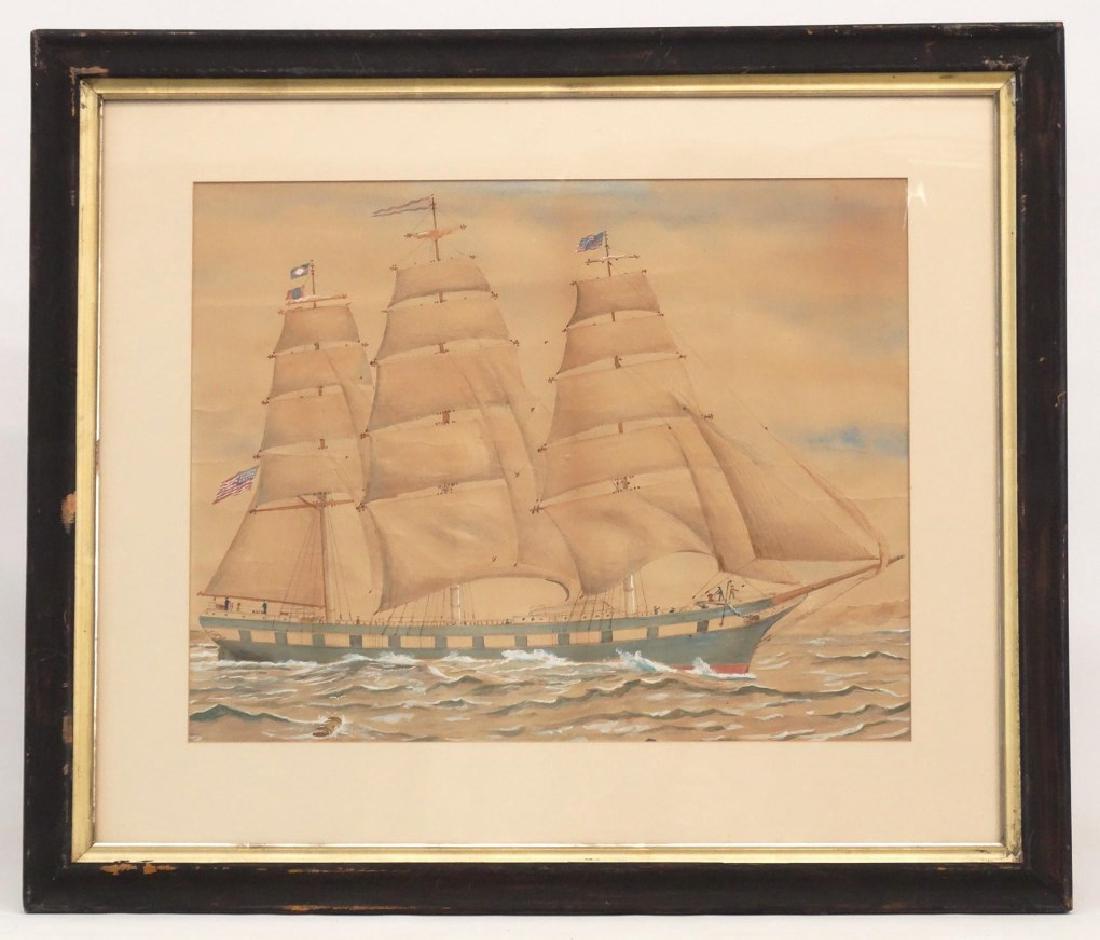 19th c. Watercolor Of A Sailing Ship: 19th c. watercolor or gouache of a square rigged sailing ship. Note American flag. Sight 15 1/2" x 19 1/2".