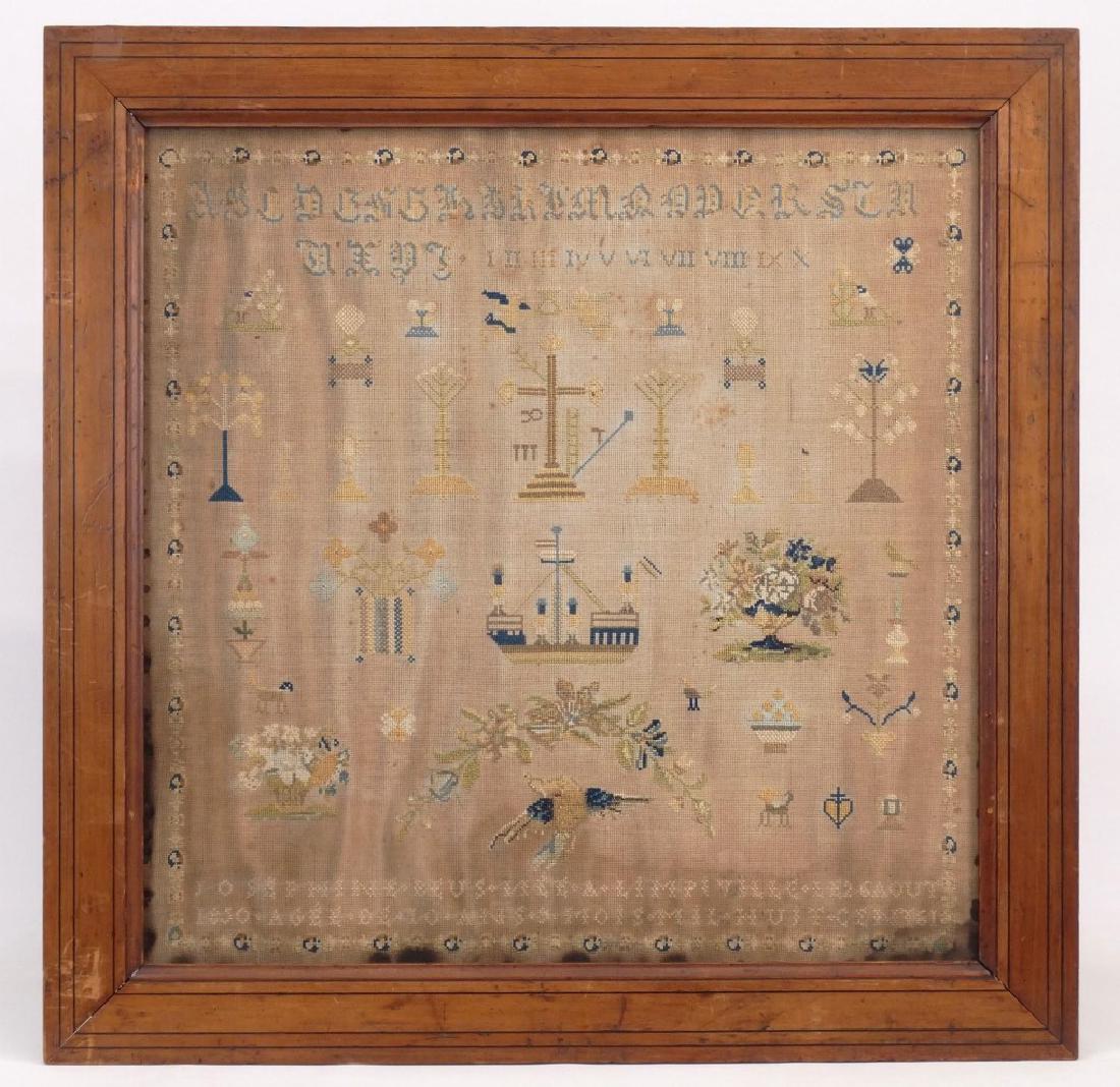 19th c. Needlework Sampler: 19th c. needlework sampler. Various motifs. Sight 21" x 21".