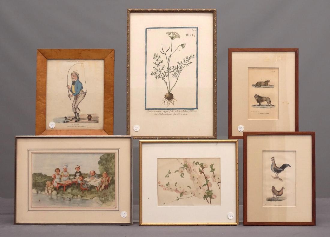 Print Lot: Print lot (6) including "FREAKS OF FANCY" (sight 11 1/4" x 9"), (2) 19th c. animal studies (sights 8 1/4" x 4 3/4"), R. Higfeldt print (sight 8 1/2" x 12 3/4"), "PRUNUS TRILOBA" (sight 7 1/2" x 9 3/4"