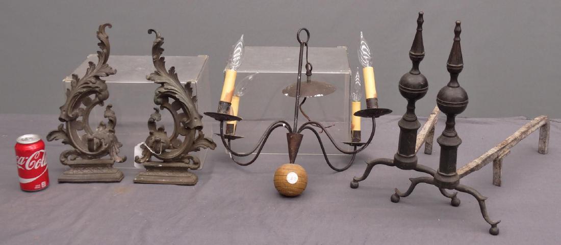 Pair 19th c. Steeple Top Andirons: Pair 19th c. steeple top andirons. 17 1/2" Ht., 20" D., along with pair of andiron fronts and chandelier.
