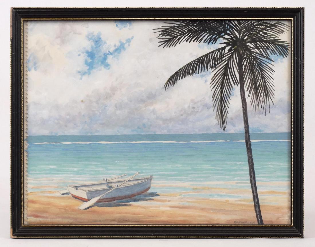 Charles Baskerville (1896-1994): Charles Baskerville (1896-1994), Shoreline with palm tree, watercolor with Mylar overlay. signed LRC. Sight 10 1/2" x 13 3/4".