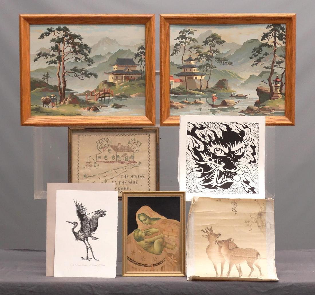 Misc. Lot: Artwork lot including Japanese watercolor, (2) woodblock prints, (2) oil paintings, needlework, Religious subject and Elliot Offner woodblock print (C. 1980's artists proof in folder).