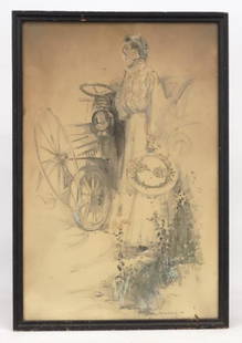 Karl Anderson (1874-1956): Karl Anderson (Ct. / OH. 1874-1956), woman standing next to early car, watercolor an/or gouache. Signed LRC. Sight 23 1/2" x 15 1/2".