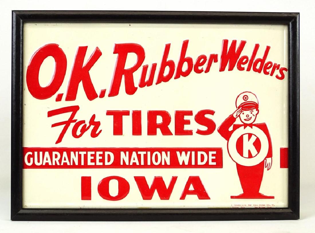 Trade Sign: Trade sign, metal (in frame), "O.K. Rubber Welders For Tires Guaranteed Nationwide Iowa". 10" x 14".