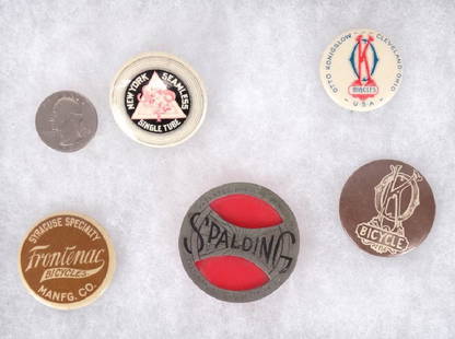 Bicycle Pinbacks: Lot (5) bicycle pinbacks. Includes "Spalding", K Bicycle", "Frontenac", "New York Seamless...", "Otto Konigslow". Good condition. Case included.