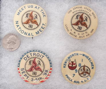 Wheelmen Pinbacks: Lot (4) Wheelmen pinbacks. Detroit 1898, Canal Dover 1899, Philadelphia 1897. 1 3/4" each. Good condition. Case included.