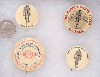 Bicycle Pinbacks: Lot (4) bicycle pinbacks. Includes "The Barnes White Flyer", "Eddie Bald", "Harry Elkes On His Orient Express", "Grand Wheelmen's Excursion/Rochester To Niagara Falls". Good condition. Case included.