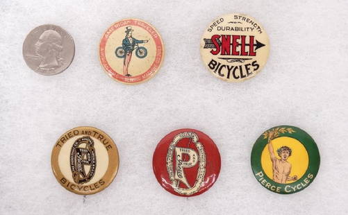 Bicycle Pinbacks: Lot (5) bicycle pinbacks including "Pierce Cycles", Snell Bicycle", "Tried And True Bicycles", "Pierce" and "American Traveler". Good condition. Case included.