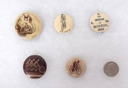 Bicycle Pinbacks: Lot (5) bicycle pinbacks. Includes Wheelmen / Boston 1899, Tom Cooper, Moffett Ball Roller Bearing / Faithful Gadke, Yankee Flyer (label reverse "Light, Fast & Desirable". Good condition. Case include