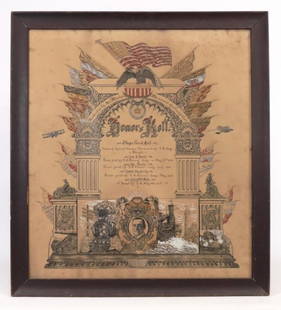 Original Wheelmen Artwork: Original artwork "Eliz. Star Wheelmen" (WWI Vets). Artist signed and dated 1918. Good condition. Frame overall 32" x 29 1/2". Spanish American War and WWI, probably Elizabeth N.J..