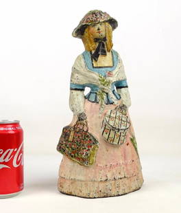 Doorstop: Lady With Hatbox & Carpet Bag Doorstop. Signed Sarah W. Simmonds. 12" Ht.. Reference page 182 The Doorstop Book (The Smiths).