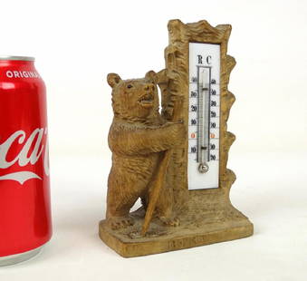 Black Forest Carved Bear Thermometer: German carved wooden Black Forest bear thermometer. 5 3/4" Ht..