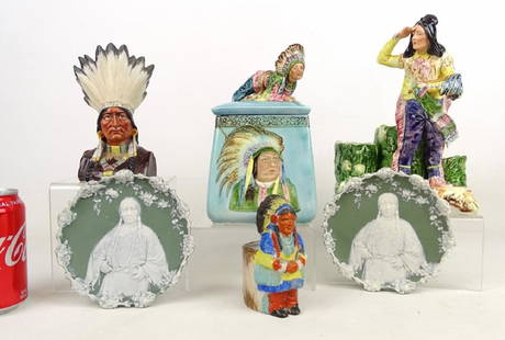 Native American Ceramic Lot: Lot (6) pieces of Native American ceramics. Includes majolica and Jasperware (plates 6" D.). Other pieces 4 1/2" to 10" Ht..