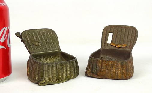 Match Holders: Lot (2) scarce metal fishing creel match holders. Kings Canyon National Park, Sequoias Cal., the other signed "JB 1259". 2 3/4" W..