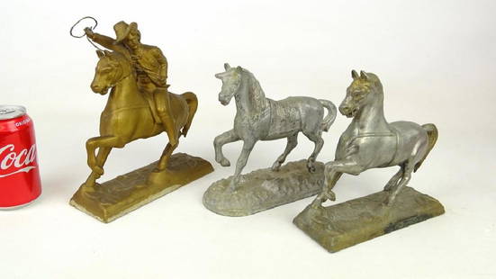 Victorian Mantle Clock Toppers: Lot (3) cast metal Victorian mantle clock toppers. Includes Buffalo Bill on horse. 8" W..