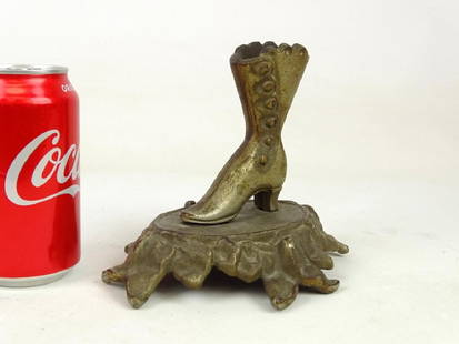 Cast Iron Boot Match Holder: Early nickel plated cast iron women's boot match holder. 5 1/2" Ht., 6" W..