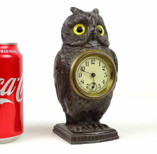 Figural Owl Clock: Early spelter metal figural owl clock. 6 1/2" Ht..