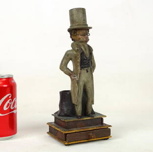 Figural Man Match Holder: Scarce C. 1870's figural man composition match holder with match drawers. 10 1/2" Ht..