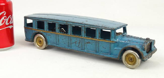 Signed Arcade Cast Iron Toy Bus: Signed Arcade cast iron toy bus. 12" L.. C. 1928-32, Freeport Ill..