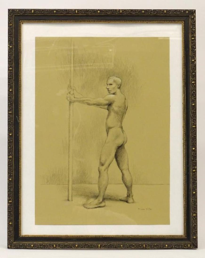 Male Academic Study By Walton: Roger Mark Walton, Nude Male Academic Study, Charcoal drawing, signed lr and verso. Sight 20 1/2" x 14 1/2".