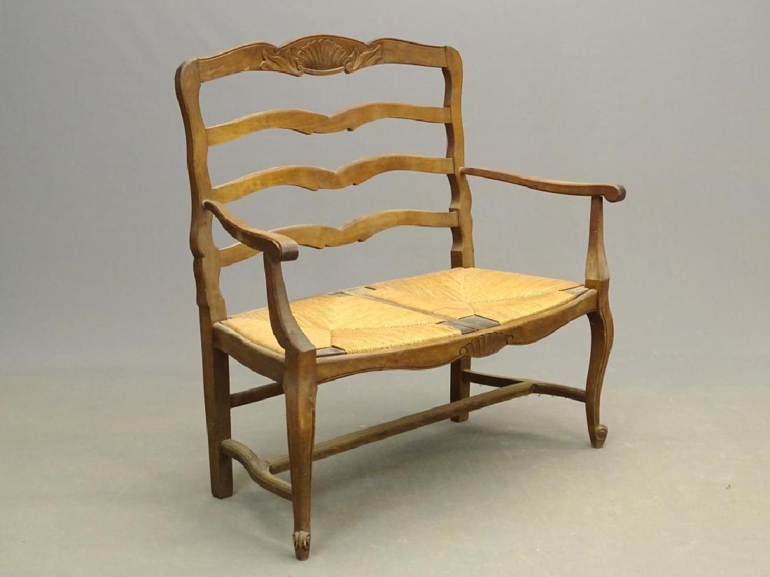 French Settee: French rush seat slatted settee. 46" x 20" x 44".