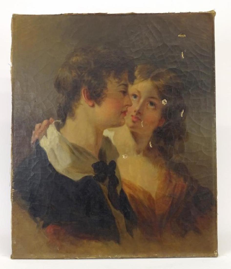 Attributed To Thomas Sully (1783-1872): Attributed to Thomas Sully (1783-1872), two figures, oil on canvas. Canvas stamp verso "ASHTON & BROWNING / 204 / CHEST(nut) St. / PHILAD.". 24" x 20". Needs restoration.