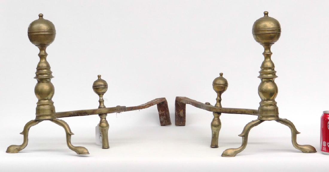 Pair C. 1815 Boston Andirons: Pair brass C. 1815 Boston andirons. 17" Ht., 25" D.