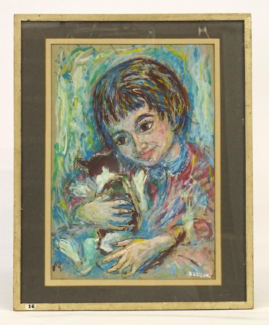 David Burliuk (Russian 1882-1967): David Burliuk (Russian 1882-1967), "Girl With Cat", watercolor and tempera on board. Signed LRC "Birliuk". Sight 16 1/2" x 11 1/2".