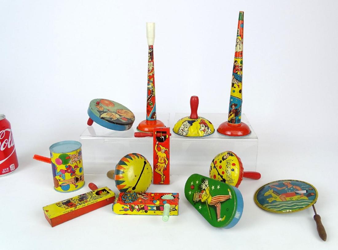 Vintage Tin Noise Makers: Lot of vintage tin noise makers.