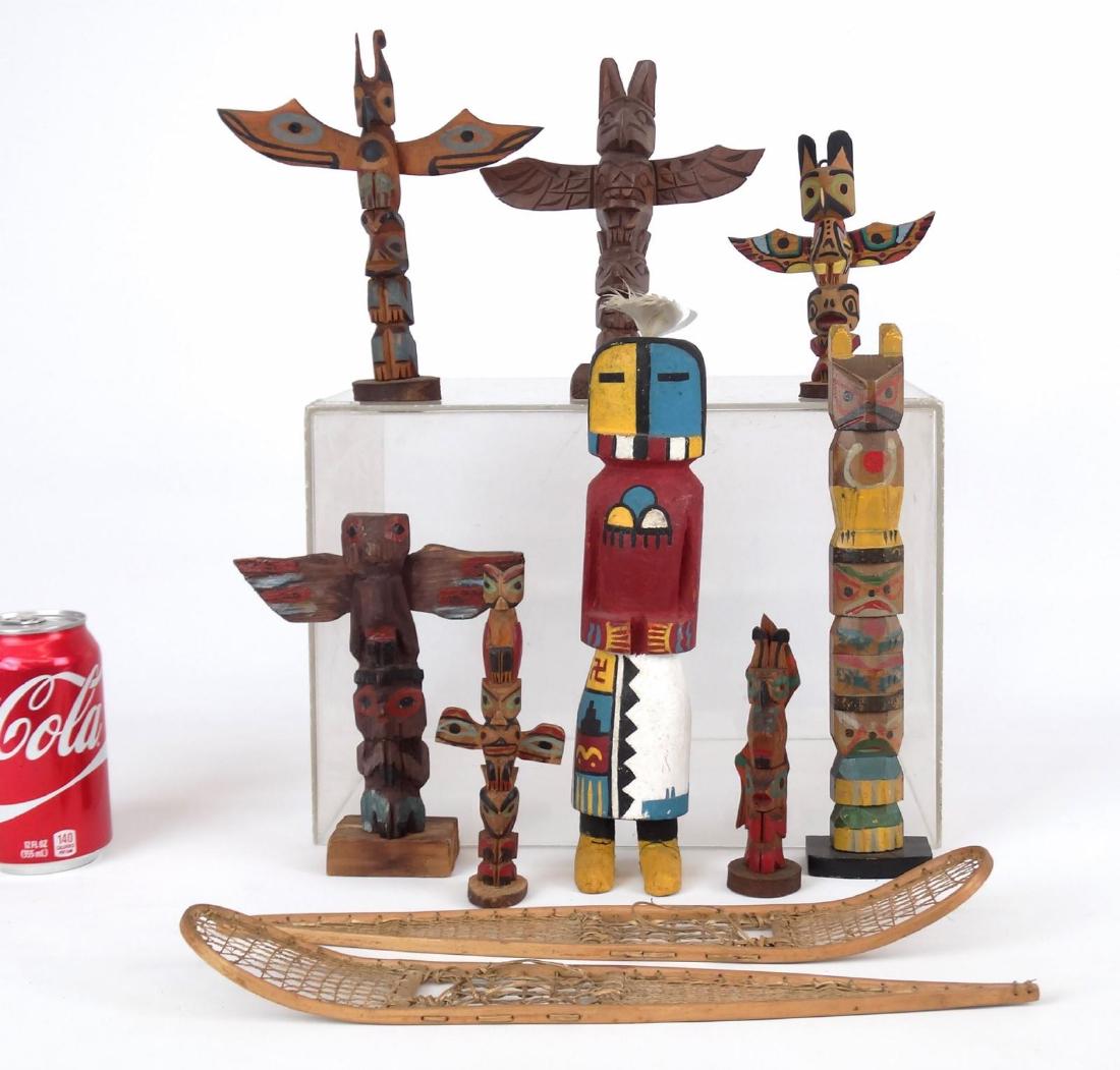Misc. Lot: Lot (7) carved and painted miniature totem poles, Kachina doll and miniature snowshoes.
